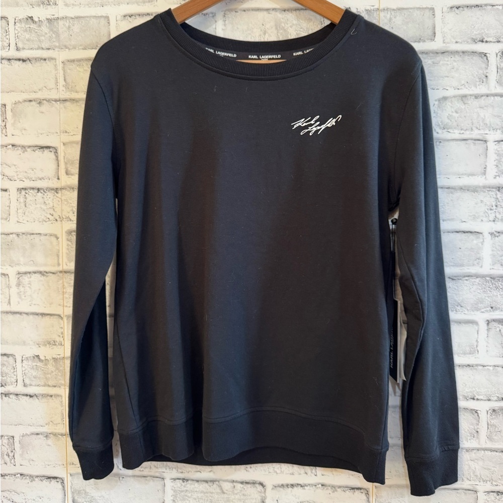 NWT! Women’s Karl Lagerfeld Paris black crew neck lightweight sweatshirt XS $69 - Picture 2 of 5